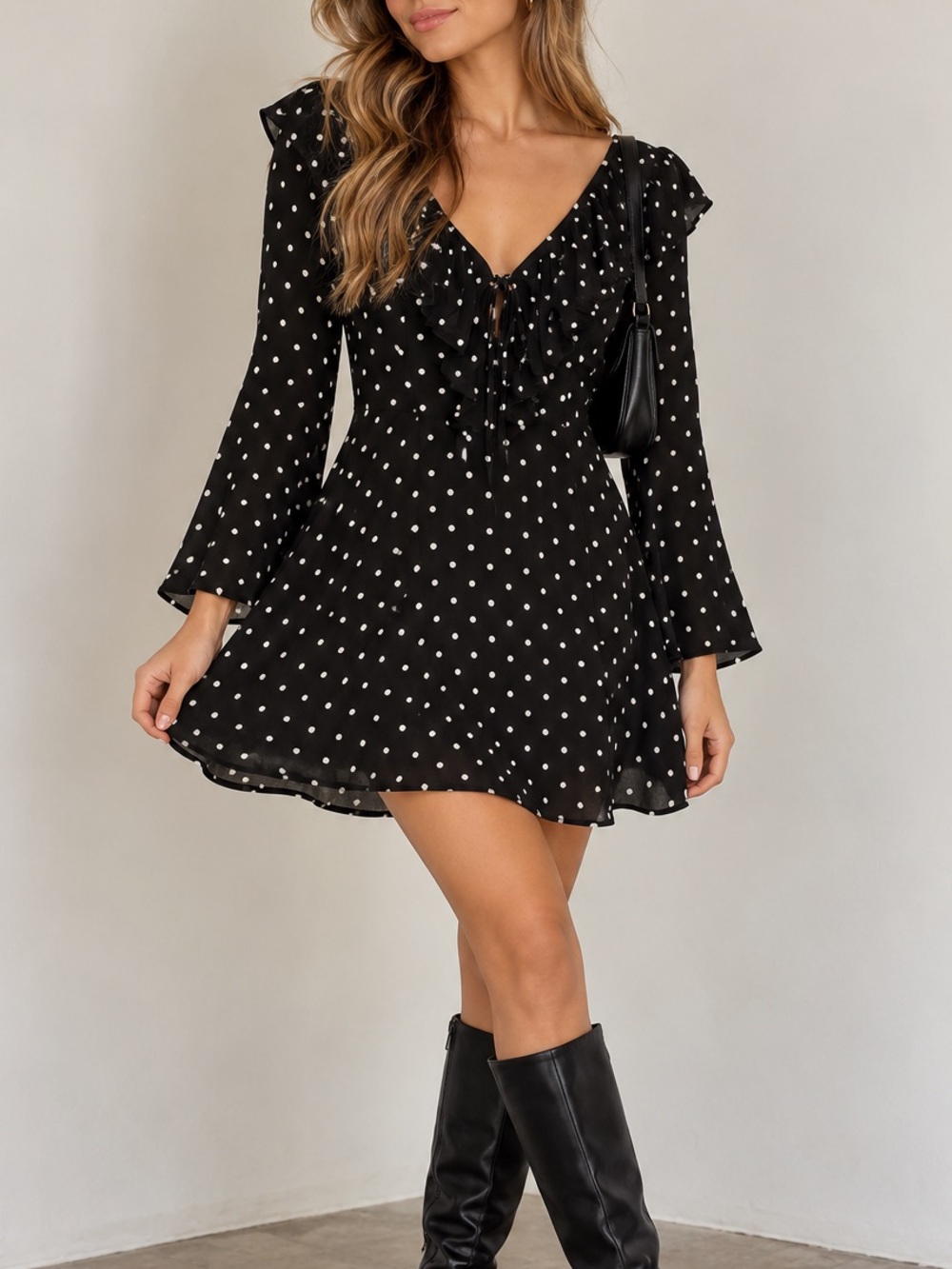 Topshop Polka Dot Dress Black and White Bell Sleeve Retro Mini Size 10